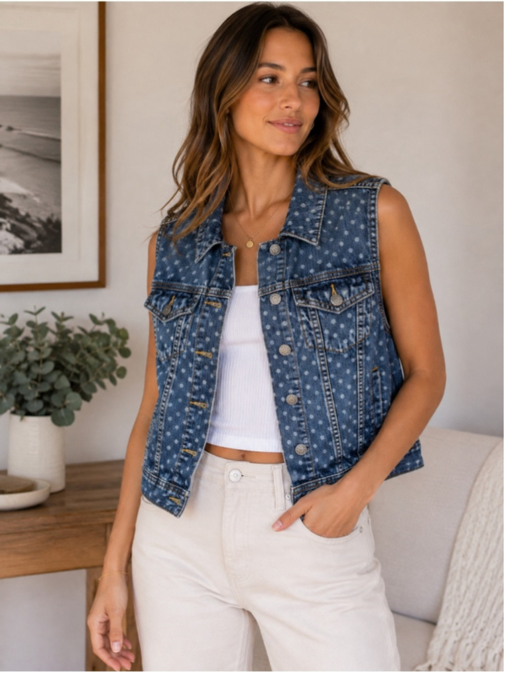 Talula Light Blue Polka Dot Denim Vest Size XS S M Western Festival Casual